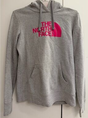 The North Face Gray Hoodie with Hot Pink Logo and Lining